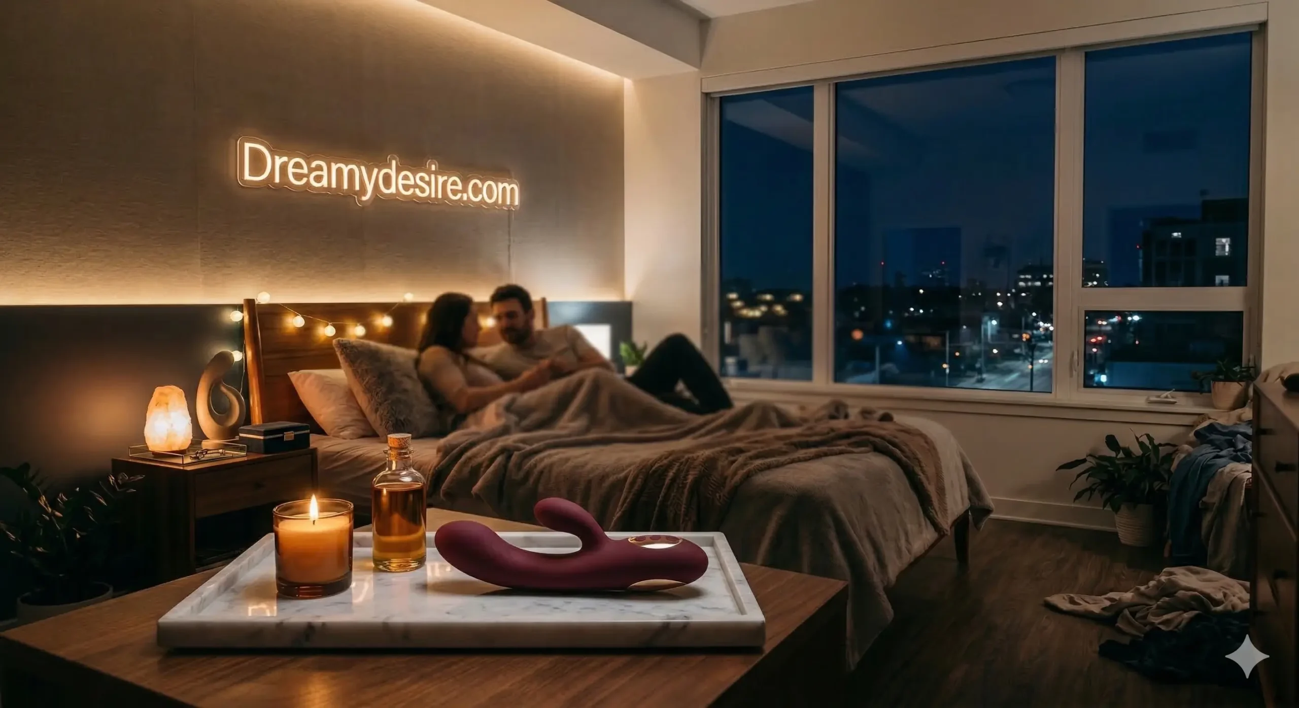 Curved G-spot vibrator displayed on a bedside table in a modern bedroom at night – Dreamy Desire Canada wellness guide
