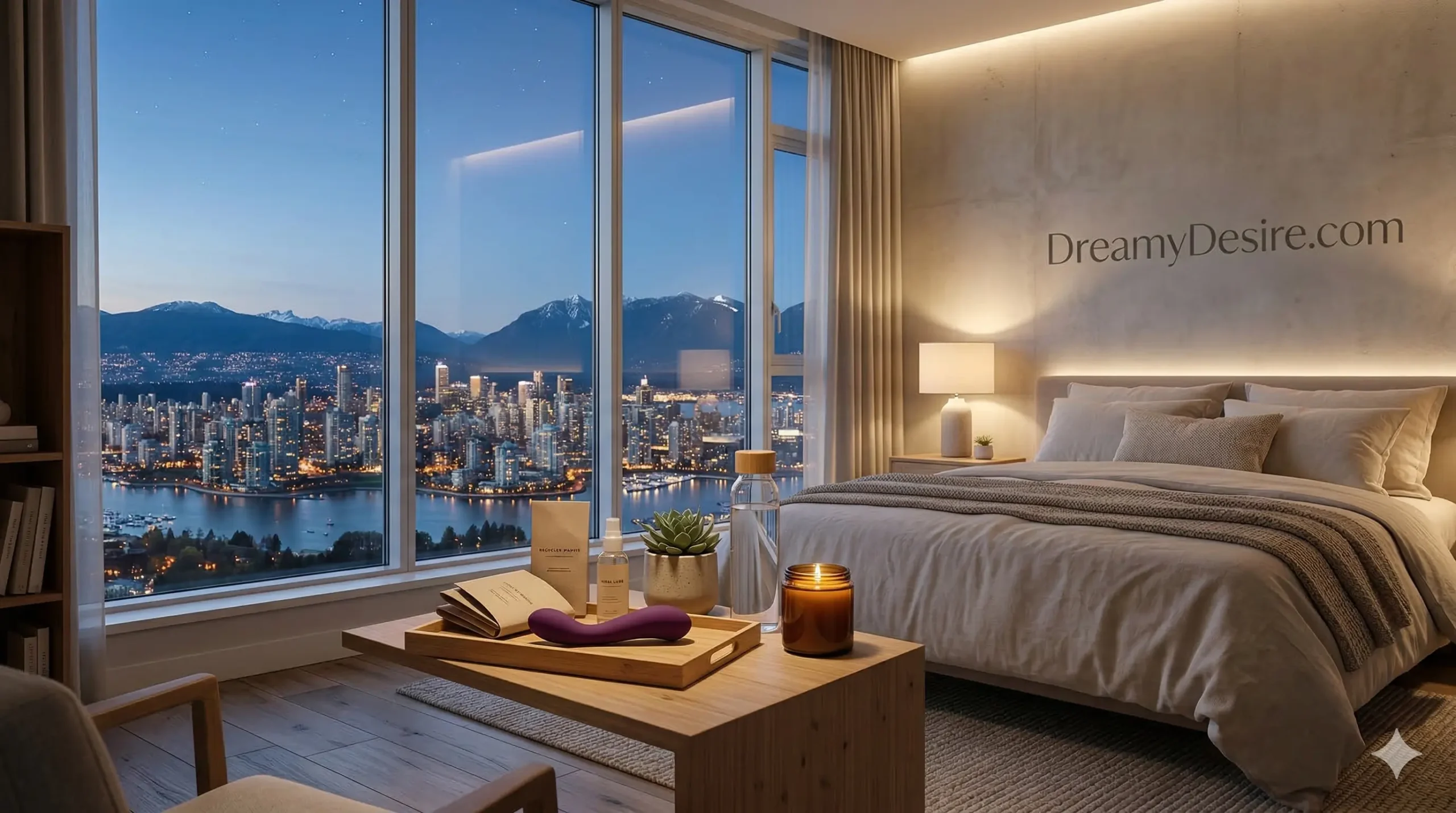 Body-safe eco-friendly adult toys displayed in a modern Vancouver bedroom wellness setting